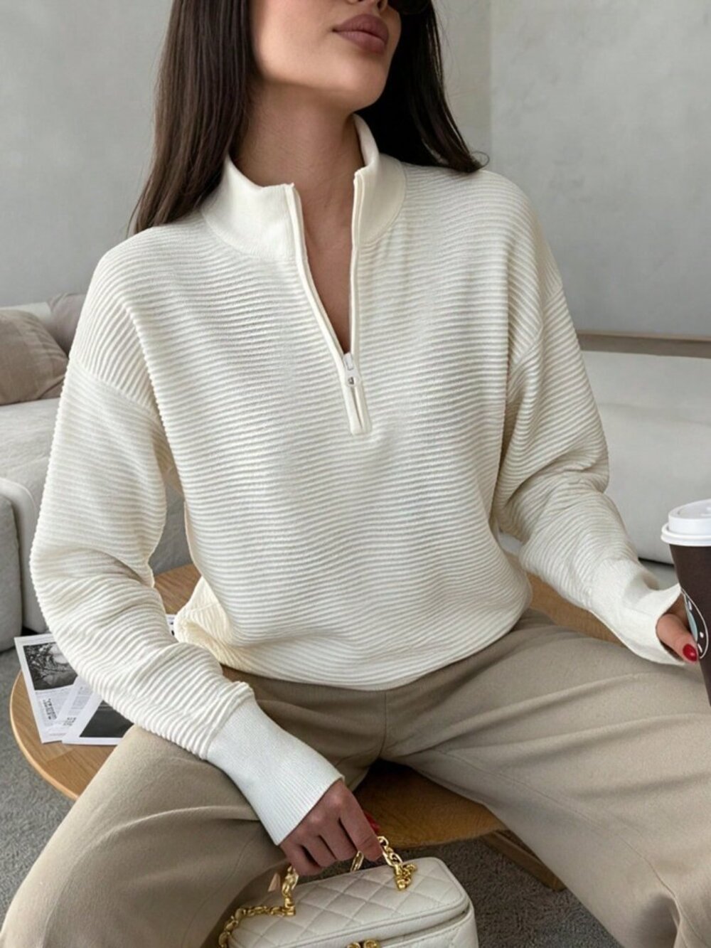 White Casual Women's Loose Fit Long Sleeve Funnel Neck Drop Shoulder Pullovers
